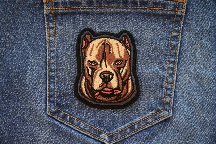 Mean Pitbull Dog Iron on Patch shown on jeans