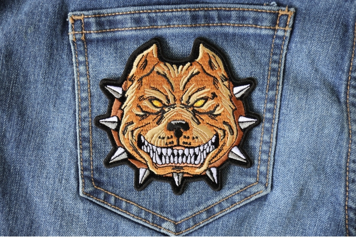 Pit Bull Spike Collar Iron on Patch shown on jeans