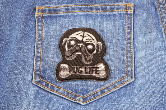 Pug Life Funny Iron on Patch shown on jeans