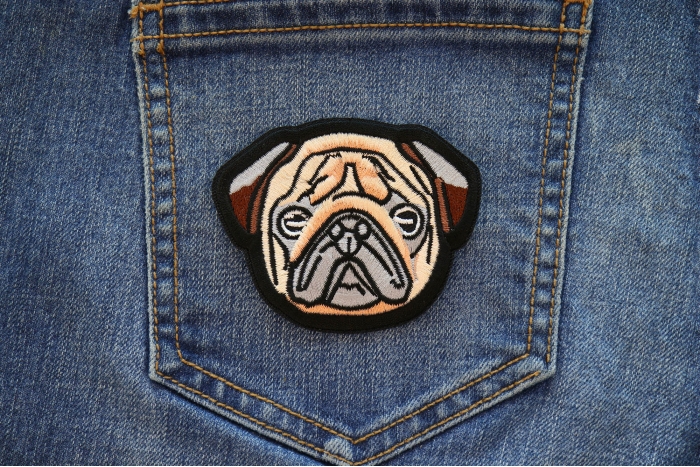 Sweet Pug Dog Iron on Patch shown on jeans