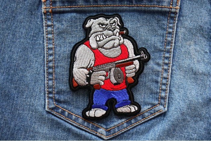 Tommy Gun Bulldog Patch shown on jeans