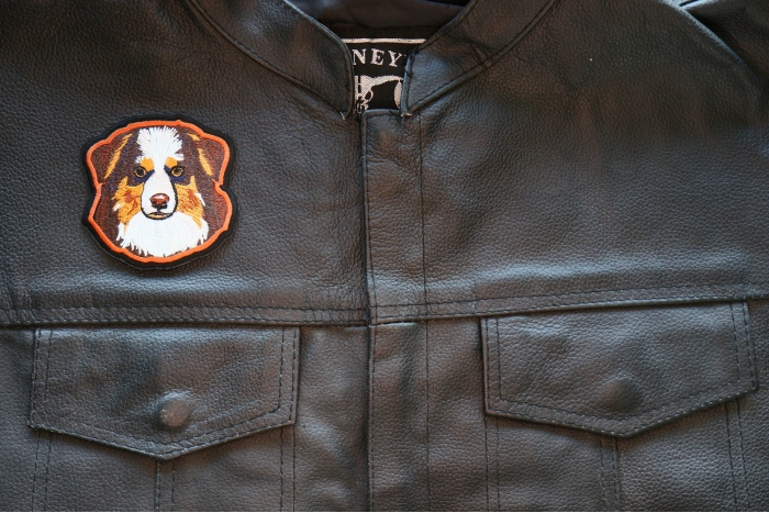 Australian Shepard Dog Iron on Patch shown on leather vest