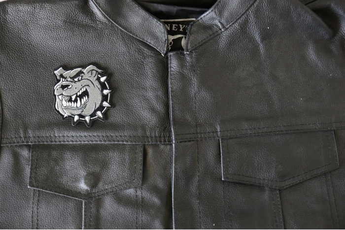 Bulldog Iron on Patch - 3x3 inch - Embroidered Iron on Patch shown on leather vest