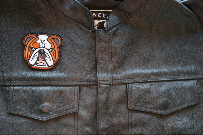Bulldog Iron on Patch shown on leather vest