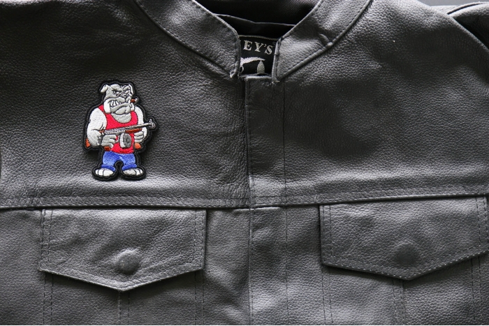 Bulldog Machine Gun Patch shown on leather vest
