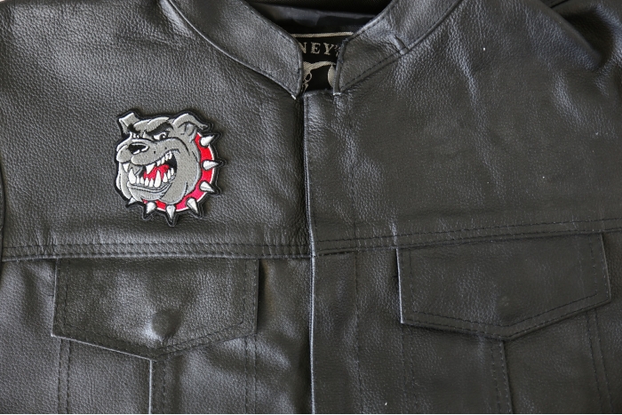 Bulldog Red Collar Iron on Patch - 3x3 inch - Embroidered Iron on Patch shown on leather vest