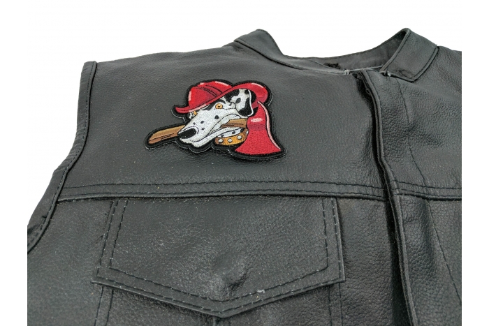 Fire's Best Friend Small Patch - 3.5x3 inch. Embroidered Iron on Patch shown on leather vest