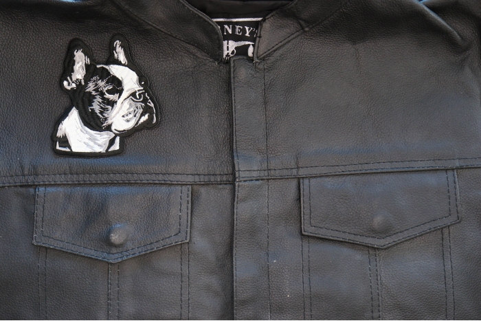 French Bulldog Patch shown on leather vest