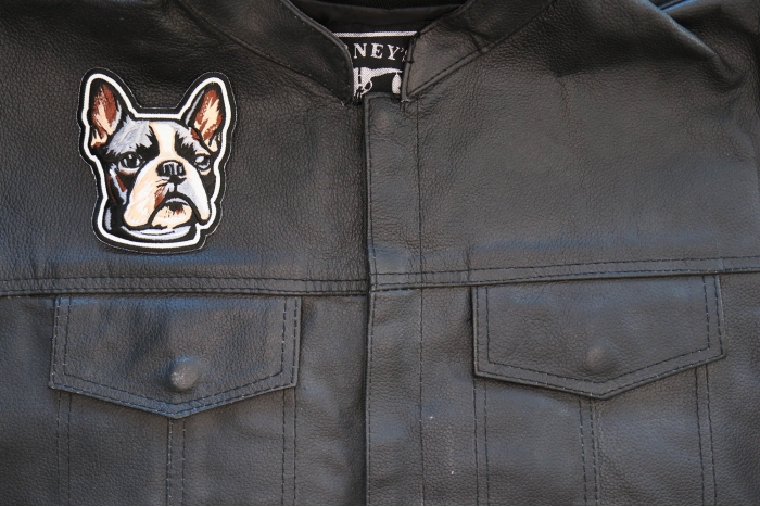 French Bulldog Patch shown on leather vest