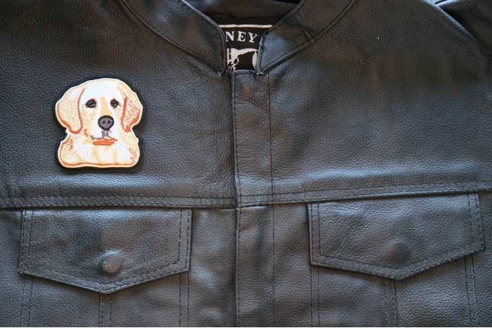 Golden Retriever Dog Iron on Patch shown on leather vest