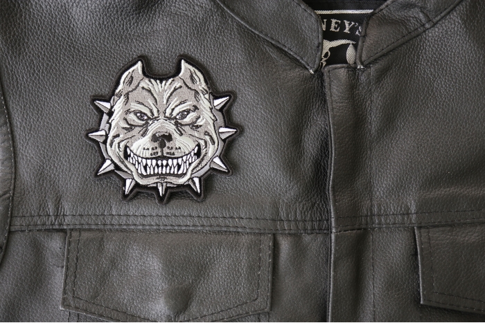 Gray Pitbull Dog Small Patch - 4x4 inch - Embroidered Iron on Patch shown on leather vest