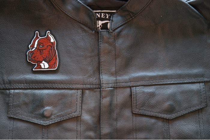 Handsome Pitbull Patch shown on leather vest