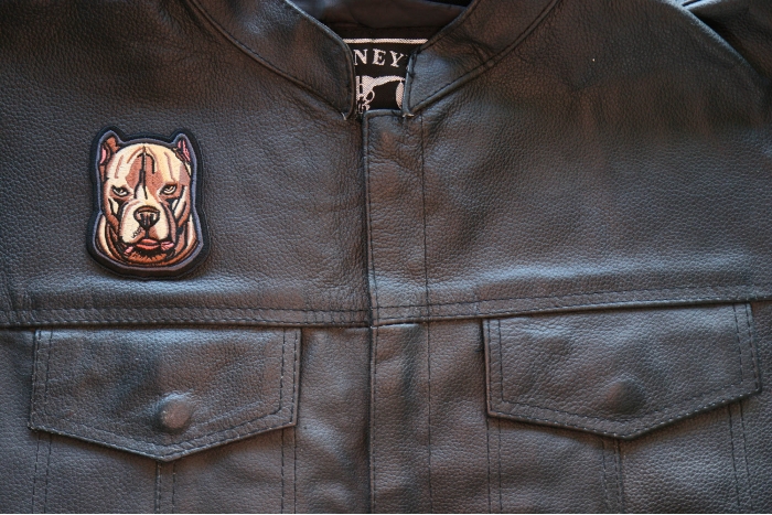 Mean Pitbull Dog Iron on Patch shown on leather vest