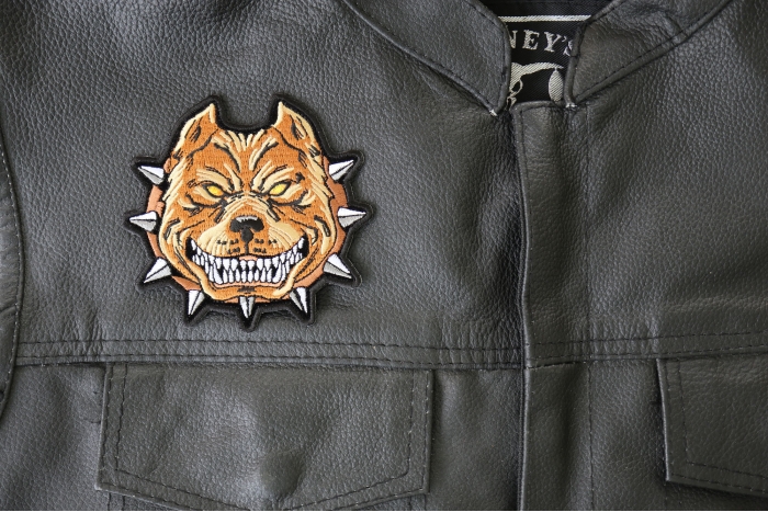 Pit Bull Spike Collar Iron on Patch Patch - 4x3.8 inch - Embroidered Iron on Patch shown on leather vest