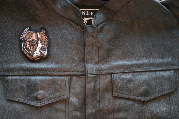 PitBull Dog Iron on Patch shown on leather vest