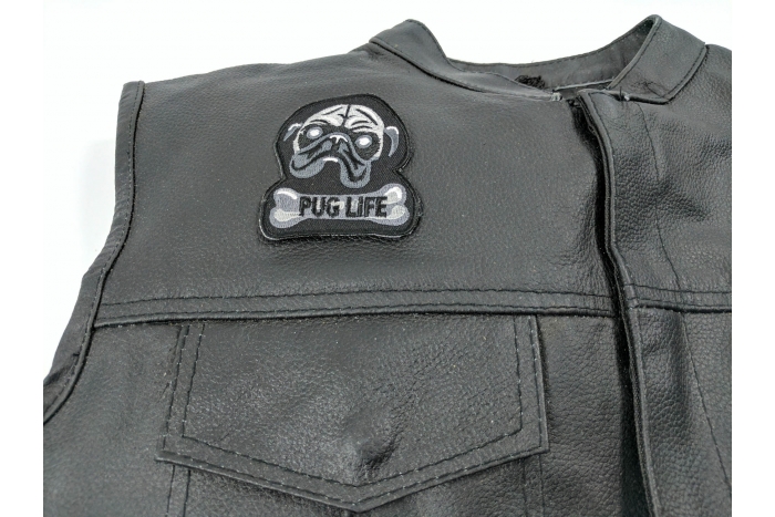 Pug Life Patch - 3x2.5 inch. Embroidered Iron on Patch shown on leather vest