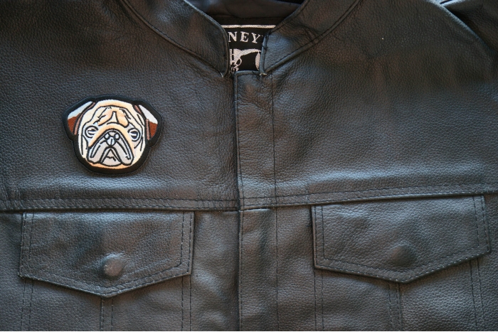 Sweet Pug Dog Iron on Patch shown on leather vest