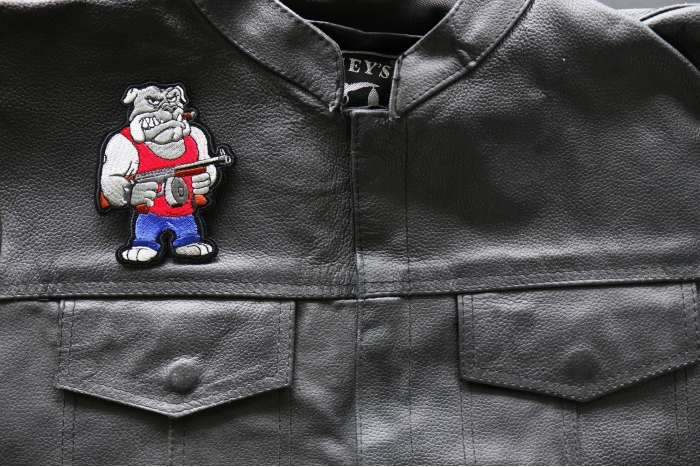 Tommy Gun Bulldog Patch shown on leather vest