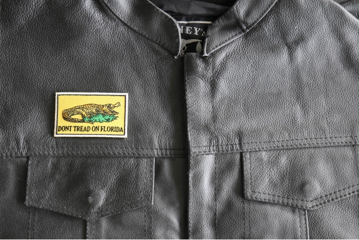 Don't tread on Florida Small Gadsden Flag Patch - 3x1.75 inch - Embroidered Iron on Patch shown on leather vest