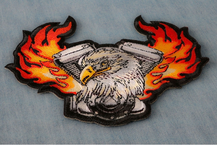 Eagle Engine Flames Biker Patch diagonal view