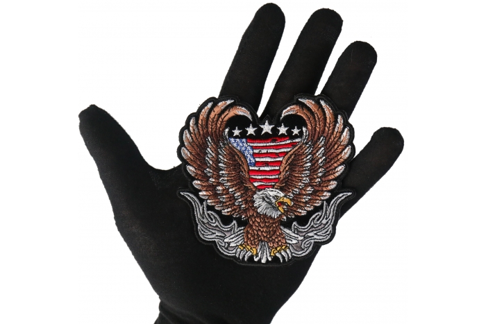 Patriotic Biker Eagle Patch Iron on Applique for Vests and Jackets shown on hand for size comparison