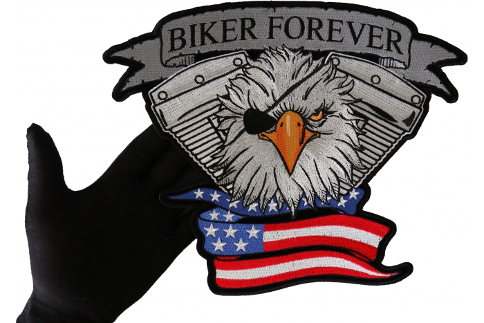 Biker Forever Eye Patch Eagle Patch, Large Biker Back Patches for Leather Vests shown on hand for size comparison