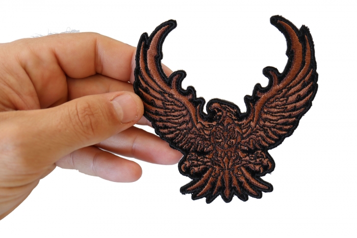 Brown Eagle Patch, Iron on Patches shown on hand for size comparison