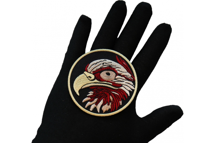 Eagle Eye Iron on Patch shown on hand for size comparison