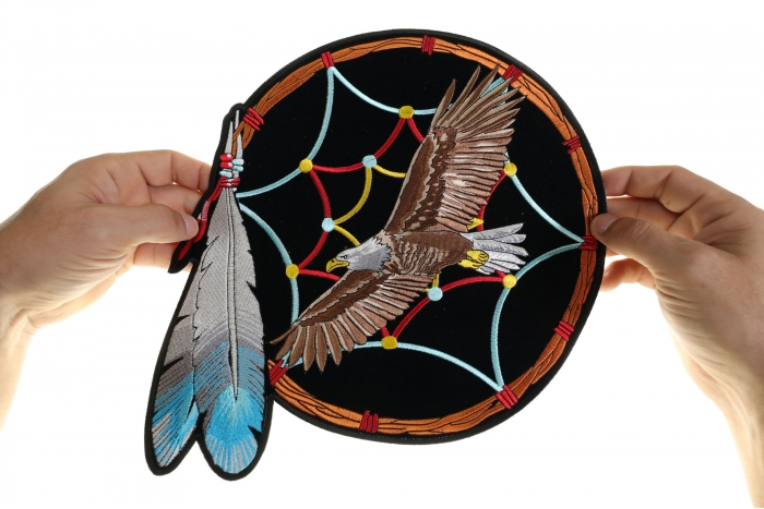 Eagle in Dreamcatcher Patch, Large Eagle Back Patches shown on hand for size comparison