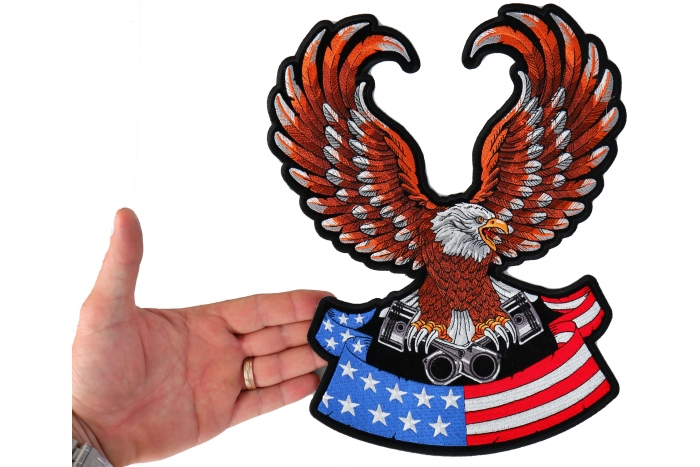 American Flag Eagle on Pistons Patch, Large Eagle Patches for Jackets shown on hand for size comparison