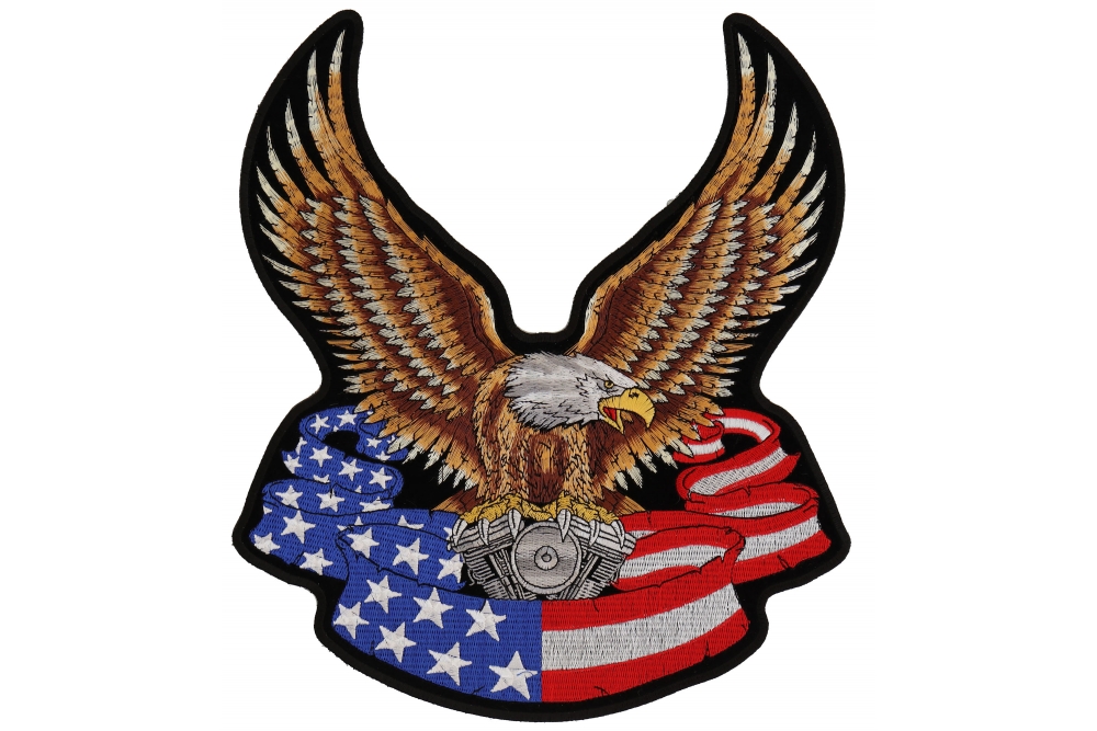 Eagle On American Flag Banner and Engine Patch Large