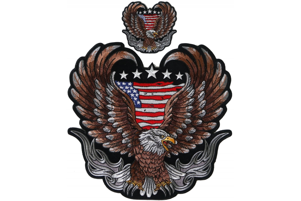 Patriotic Brown Eagle Patch set with American Flags