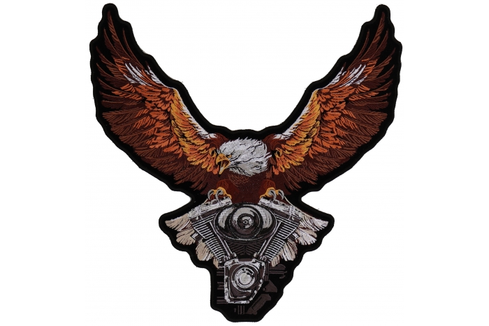 Brown Eagle Over Engine Biker Back Patch