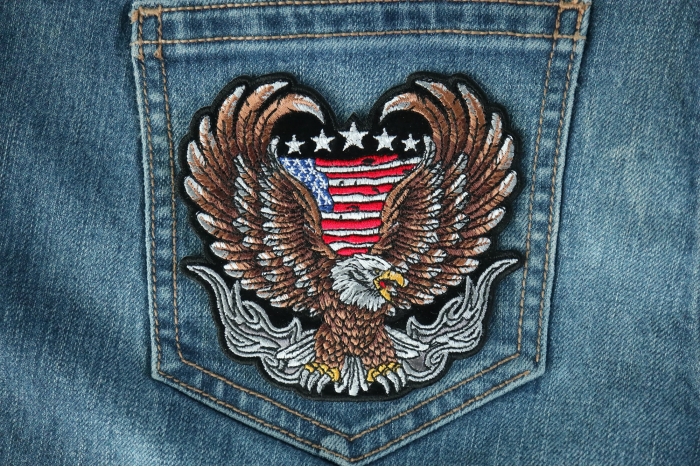Patriotic Biker Eagle Patch Iron on applique shown on jeans