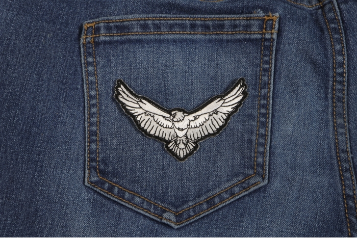 Black and White Eagle Iron on Patch shown on jeans
