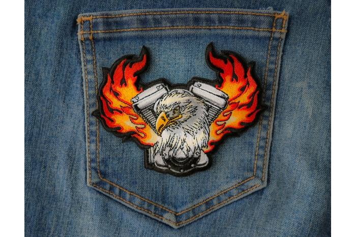 Eagle Engine Flames Biker Patch shown on jeans