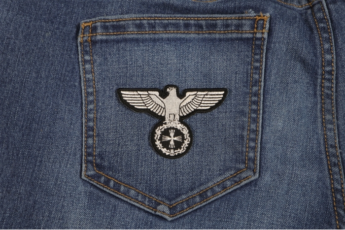 Eagle On Crest Iron On Patch shown on jeans