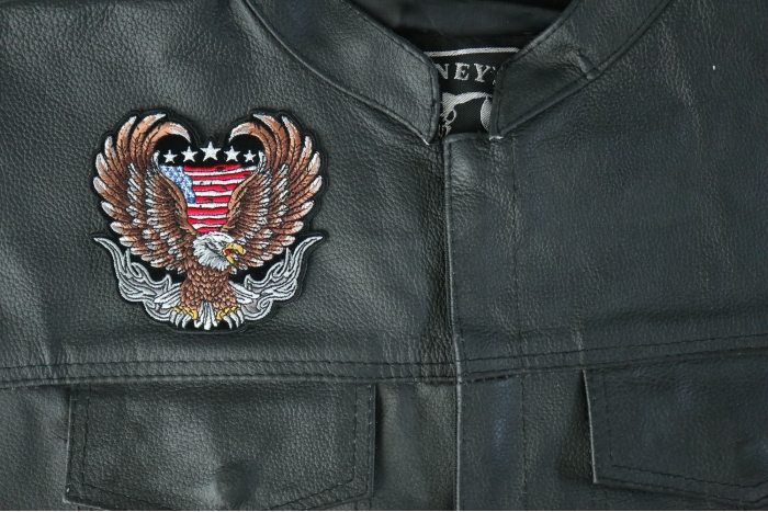 Biker Eagle Patch - 4x3.8 inch - Embroidered Iron on Patch shown on leather vest