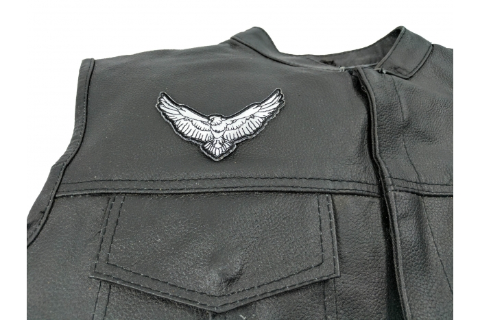 Black and White Eagle Patch - 3.5x2.2 inch. Embroidered Iron on Patch shown on leather vest