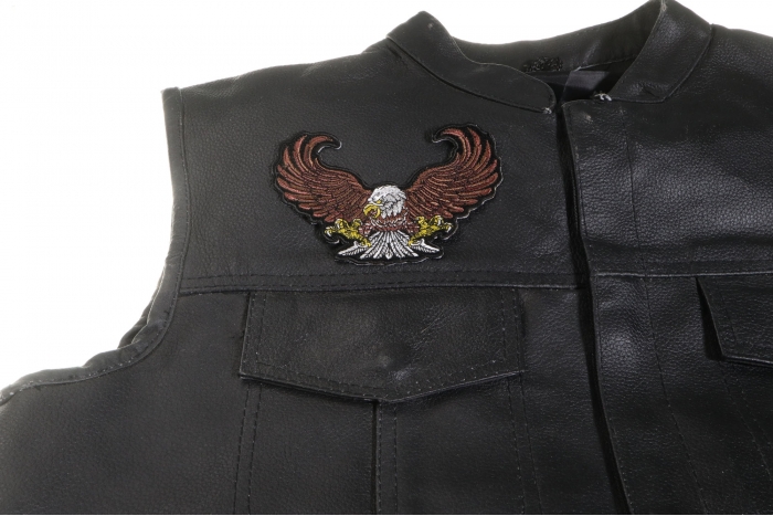 Brown Eagle Small Patch - 4.5x3 inch. Embroidered Iron on Patch shown on leather vest