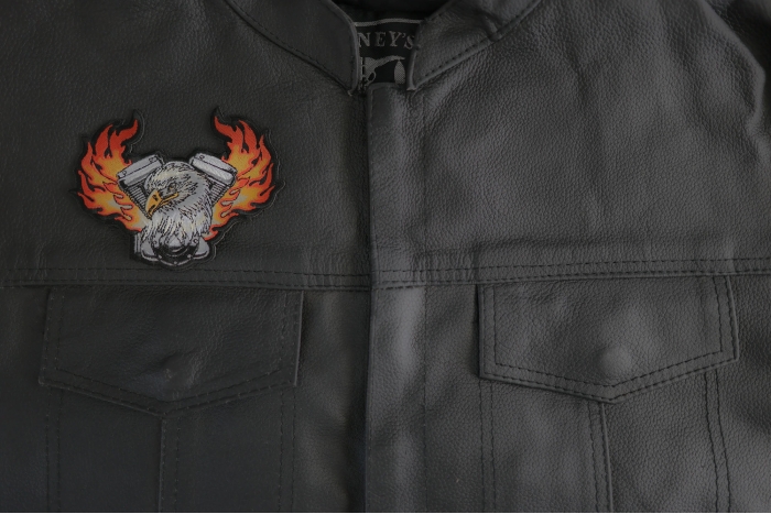 Eagle Engine Flames Biker Patch shown on leather vest