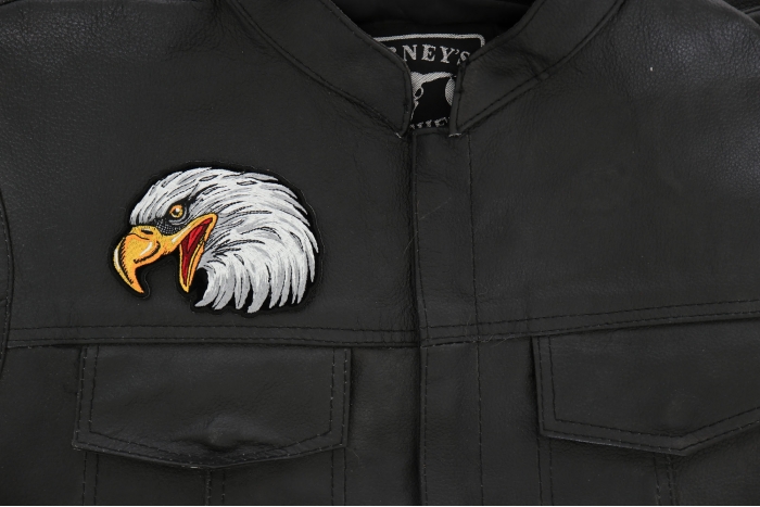 Eagle Head Facing Left Iron on Patch - 4.15x3 inch - Embroidered Iron on Patch shown on leather vest