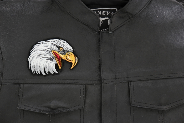 Eagle Head Facing Right Iron on Patch - 4.15x3 inch - Embroidered Iron on Patch shown on leather vest