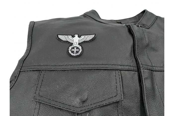 Eagle On Crest Iron On Patch - Iron on Patch - 3x2 inch shown on leather vest