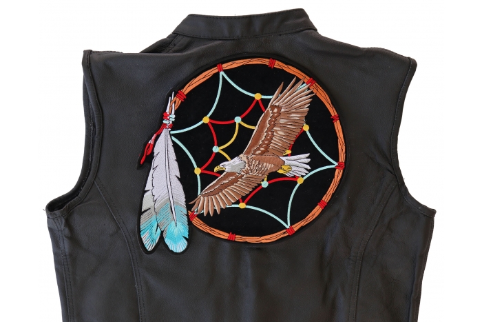 Eagle in Dreamcatcher Patch, Large Eagle Back Patches shown on leather vest