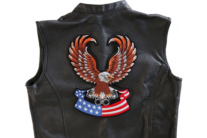 American Flag Eagle on Pistons Patch, Large Eagle Patches for Jackets shown on leather vest