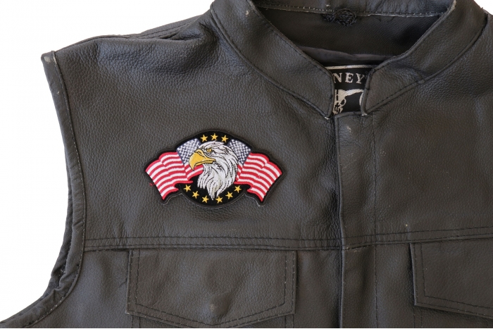 Star Spangled Banner Eagle Patch - 4.5x2.5 inch. Embroidered Iron on Patch shown on leather vest
