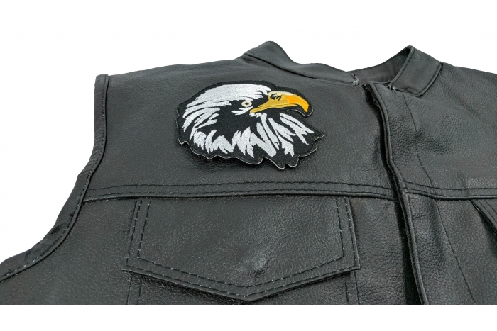 White Eagle Facing Right Patch - 4x4 inch. Embroidered Iron on Patch shown on leather vest