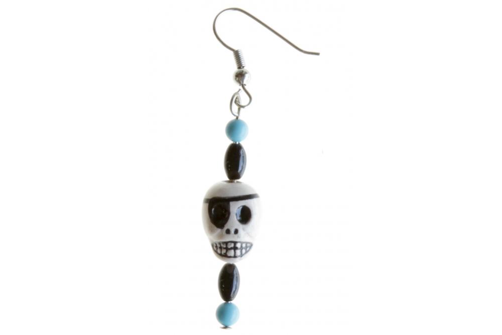 Black and Turquoise Peruvian Bead Skull Ear Ring