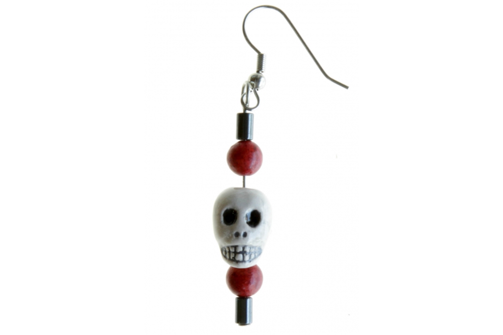 Red Peruvian Bead Skull Ear Ring